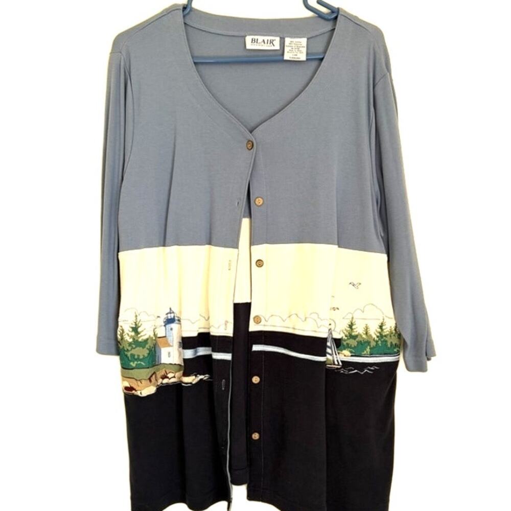 Blair Lighthouse Scene Colorblock Cardigan Sweater L Light Blue Navy Women